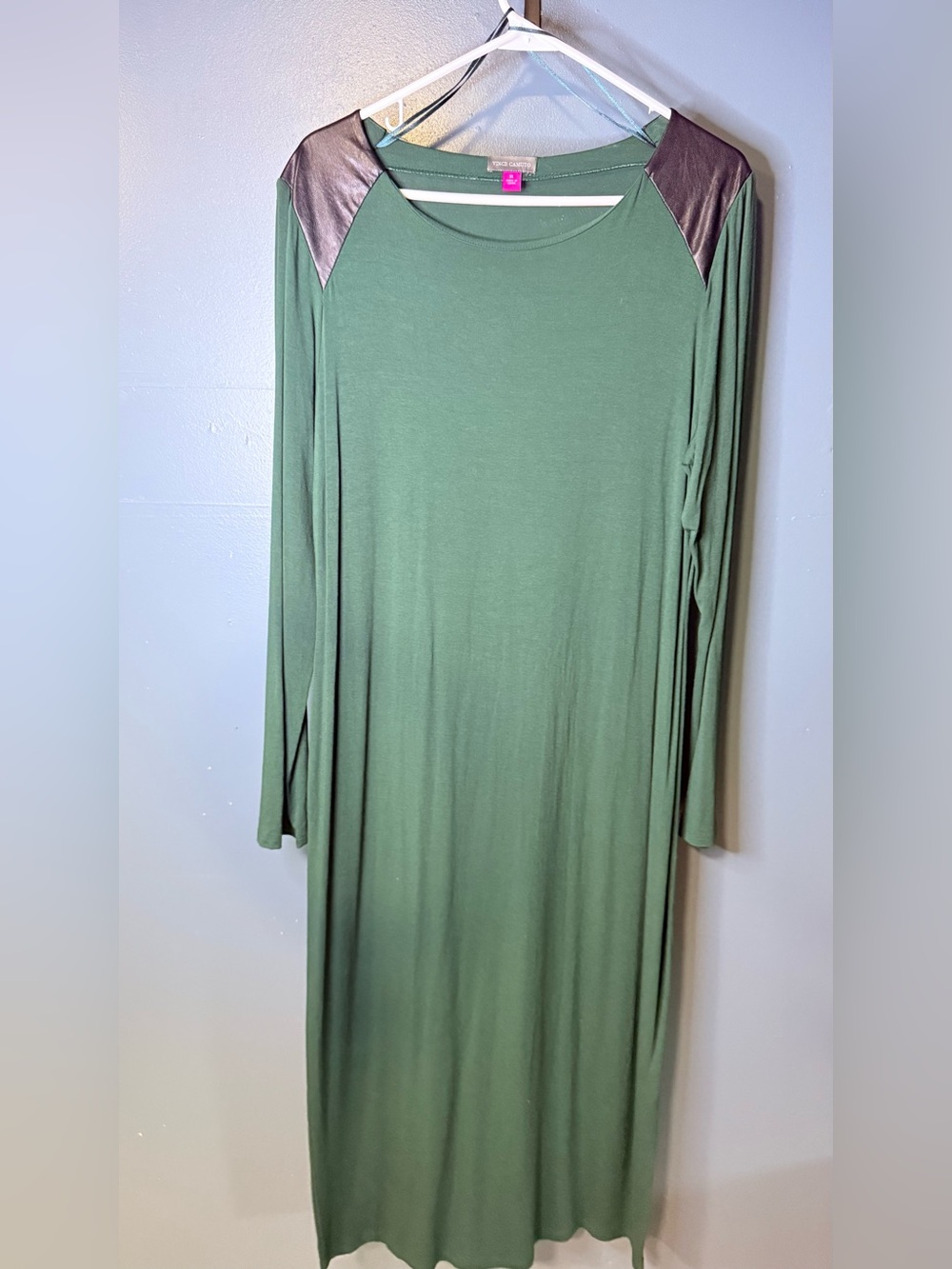 Vince Camuto Olive Green Maxi Dress with Metallic Shoulder Panels